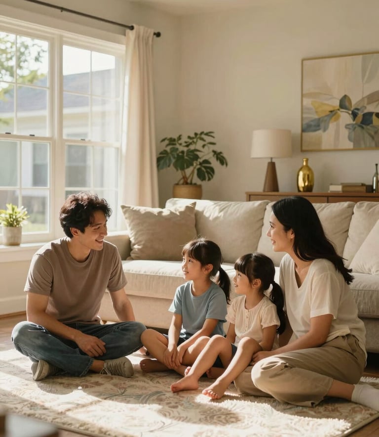 A happy family relaxing together in a sunlit North American / US suburban home, reflecting the security of personal health and life insurance, with warm gold accents in the decor.