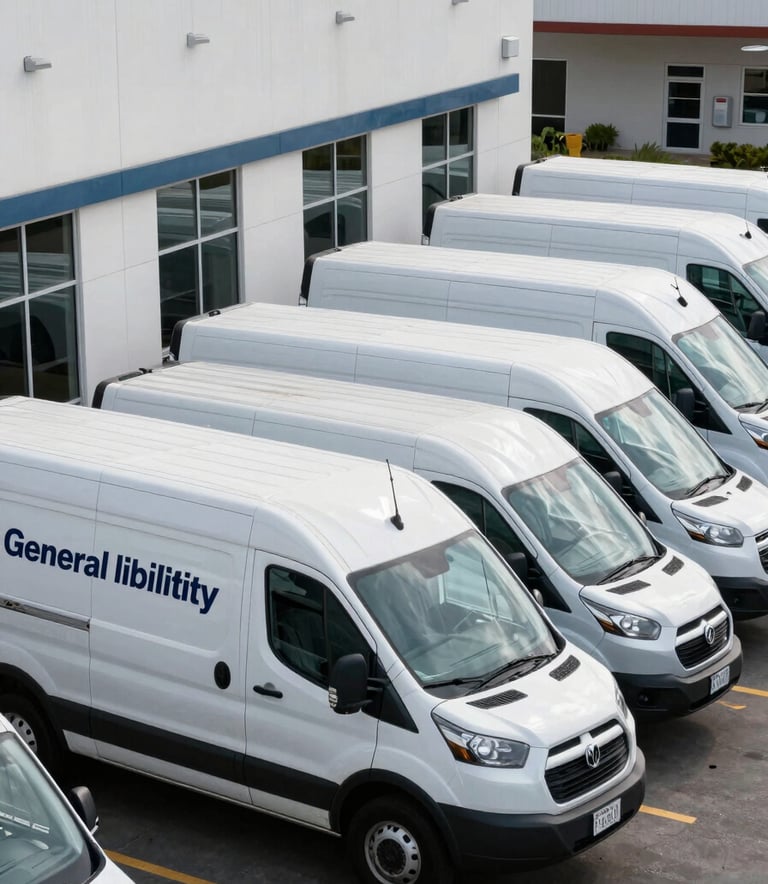 A fleet of commercial delivery vans parked in a tidy row outside a North American / US business facility, representing commercial auto and general liability coverage.