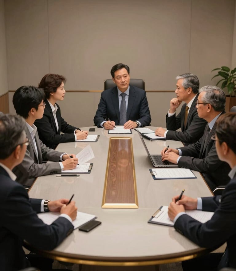 A collaborative meeting taking place in a high-end North American / US boardroom. Professionals are seated around a polished light gray table with gold decorative accents. The lighting is warm and professional, highlighting a sense of security and detailed planning during a strategy session.