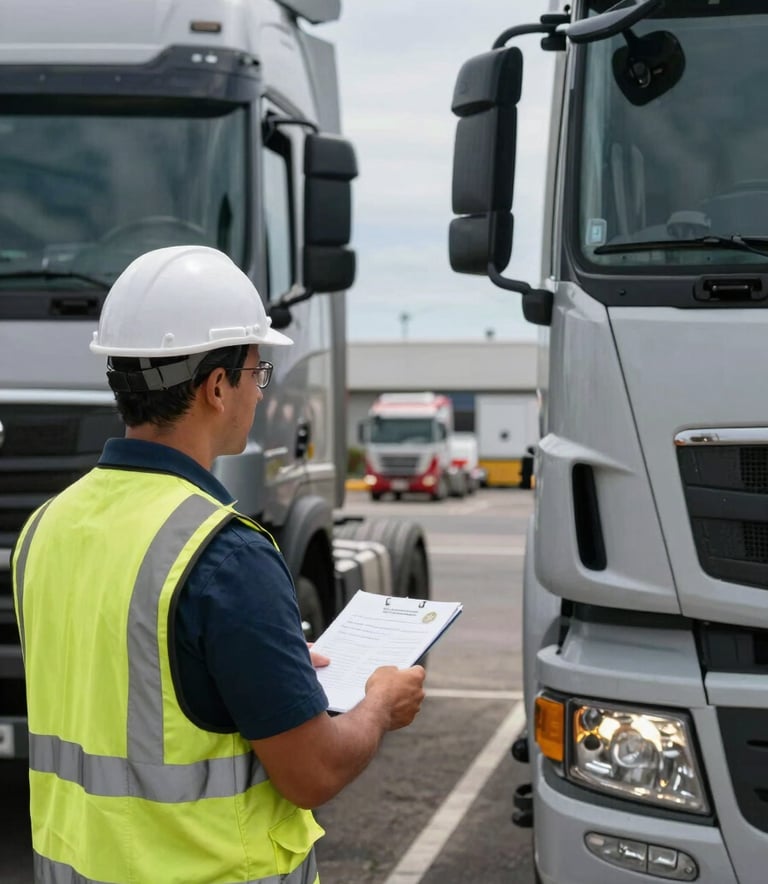Un instructor profesional explicando procedimientos de seguridad a un conductor de vehículo pesado frente a un centro logístico en las Islas Canarias.