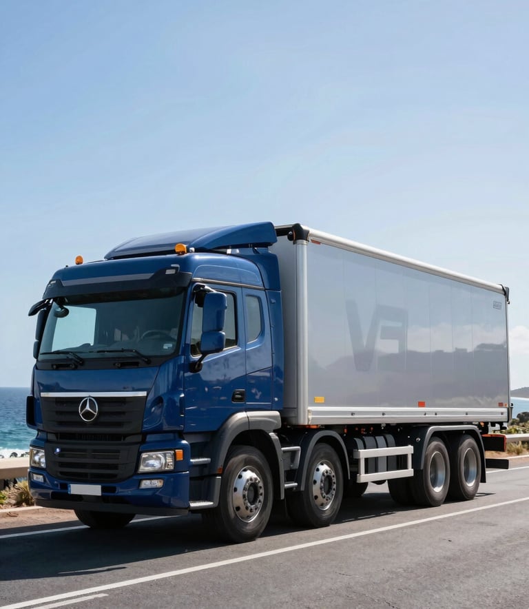 A professional wide shot of a modern heavy-duty cargo truck parked on a coastal road in the Islas Canarias, bright daylight, clear sky, reflecting a professional and clean transport industry aesthetic with deep blue and light blue tones.