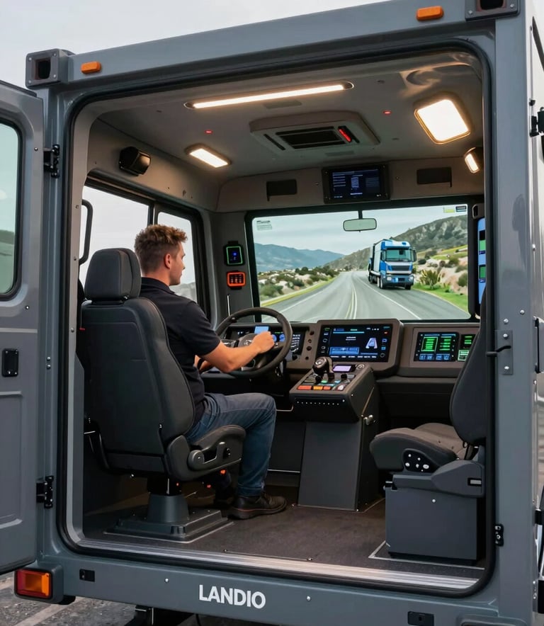 Interior view of a high-tech LANDER SIMBIO heavy vehicle simulator installed inside a sleek mobile container, professional lighting, showing advanced training technology for professional drivers in Islas Canarias.