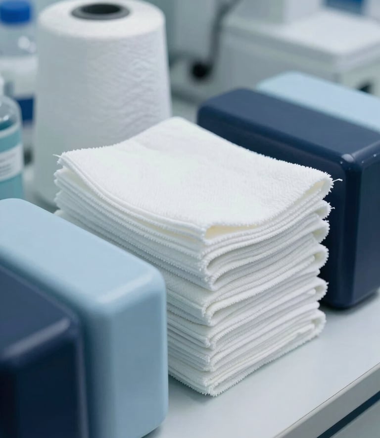 A close-up photograph of high-quality cleaning equipment and specialized microfiber cloths in a bright, sterile medical laboratory setting. The lighting is crisp and emphasizes purity. Touches of pale blue and navy colors appear in the equipment. Central European / German professional standard.