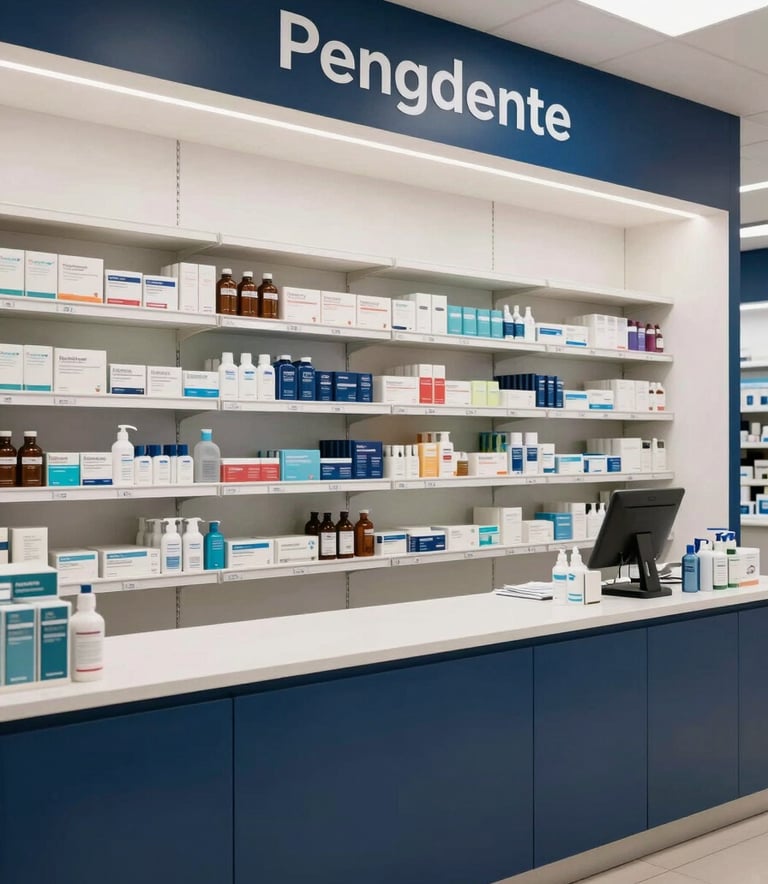 A clean, modern pharmacy interior in Central Europe, focused on organized shelves and a sterile counter, soft professional lighting, navy blue details.