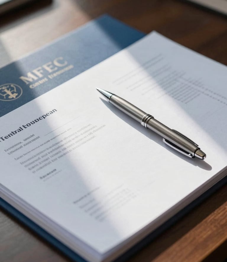 Close-up of a tidy, professional law office desk with high-quality documents and a silver pen, soft morning light, Central European style, featuring navy blue and light blue accents.