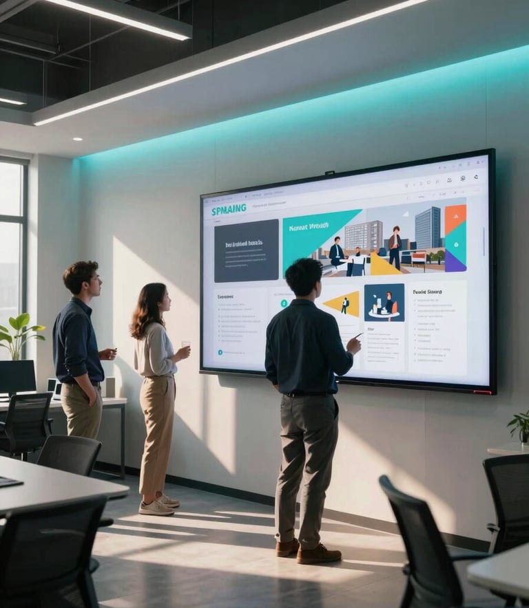 Wide-angle photograph of a modern, open-concept North American tech office. Three professionals are collaborating around a large, wall-mounted screen displaying strategic web designs, illuminated by soft sunlight and sophisticated cyan ambient lighting.