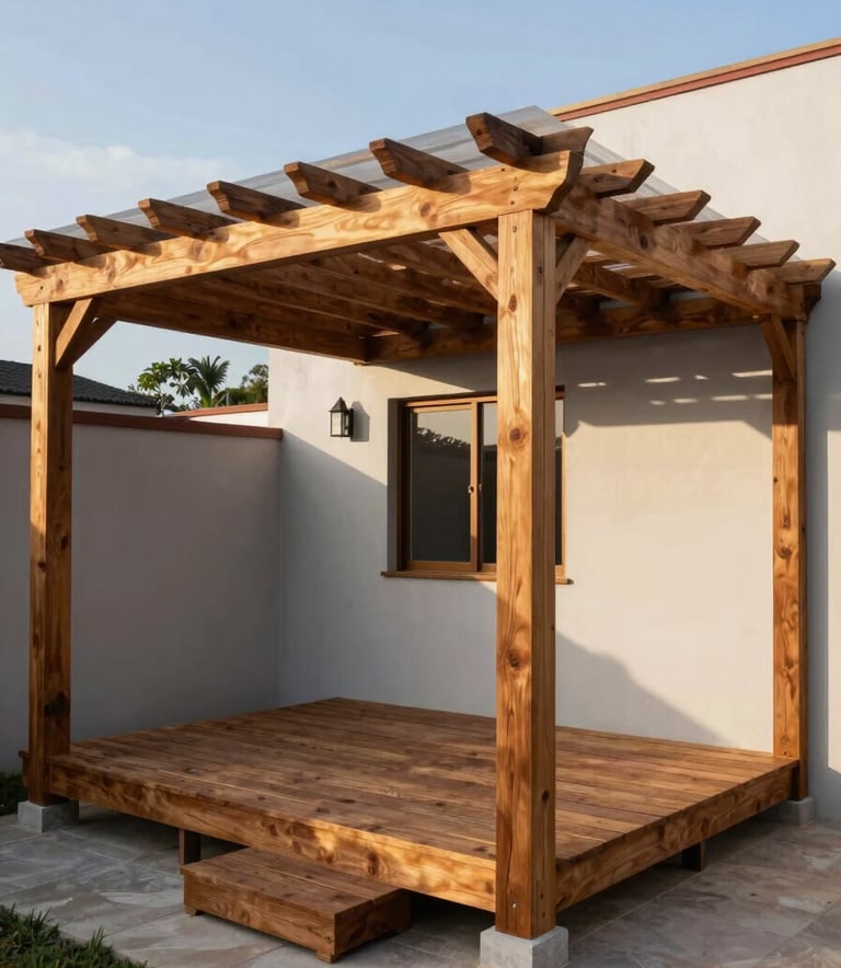 A wide-angle shot of a newly constructed wooden deck and pergola in a residential South American / Latin American backyard. The wood is a warm brown, contrasting with pearl grey walls. The scene is illuminated by soft afternoon sunlight, showcasing high-quality carpentry and structural integrity.