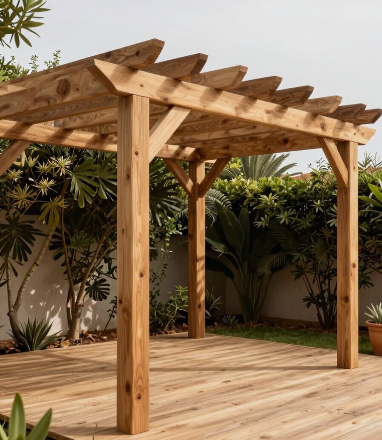 A beautifully crafted wooden pergola and outdoor deck in a Spanish / Latin American garden, showcasing modern craftsmanship and soft tan wood tones.