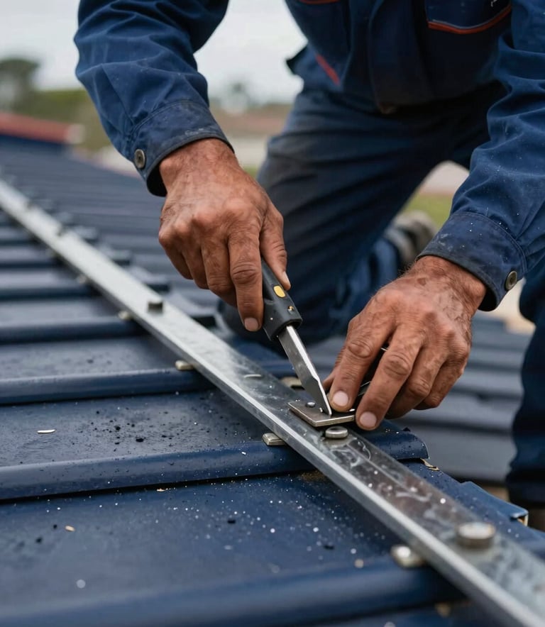 A close-up of a professional in South American / Latin American work uniform installing dark navy blue zinguería on a roof. Focus is on the tools and the precise metalwork, emphasizing craftsmanship and reliability.