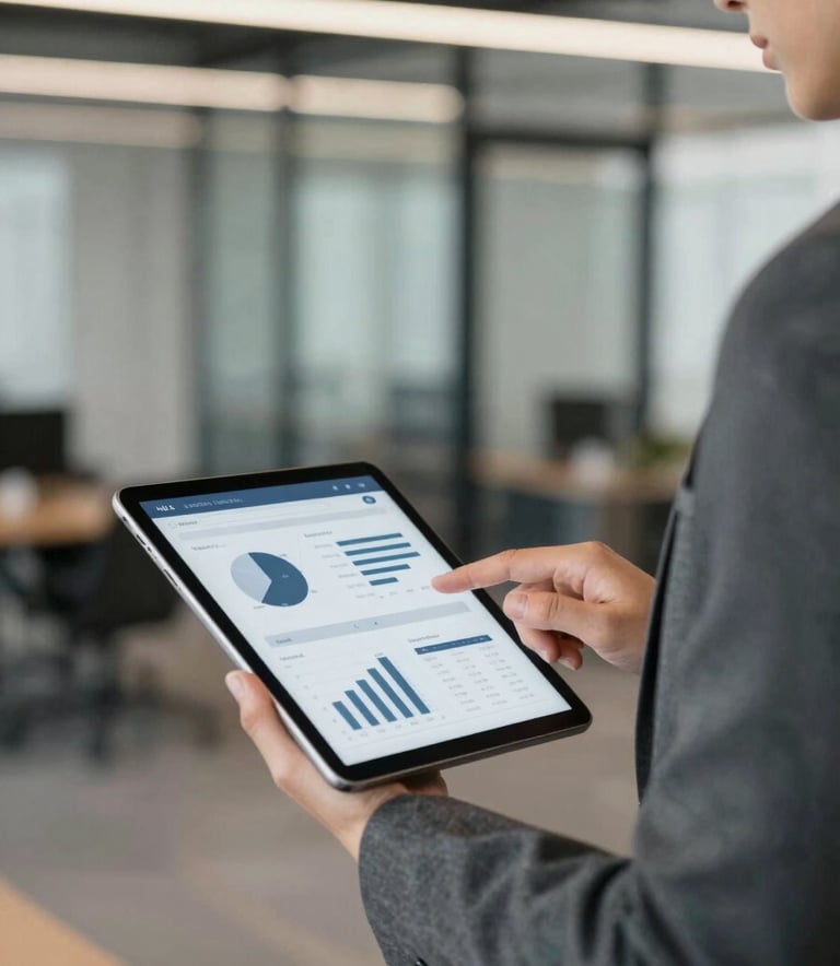 A close-up shot of a professional property manager in a charcoal grey suit reviewing digital analytics on a tablet, with a blurred background of a modern commercial office space. The lighting is soft and natural, emphasizing textures of metal and glass. Incorporates a palette of #4A6572 and #1E272C.