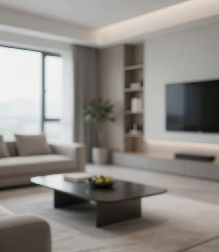 A high-end residential living space with clean lines, soft natural lighting, and a modern aesthetic, using a palette of #F4F7F8 and #4A6572 to convey luxury and comfort.