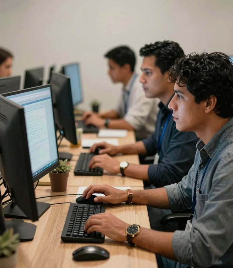 A collaborative scene in a South American co-working space, showing professionals interacting behind computer monitors, conveying a sense of teamwork and efficiency.
