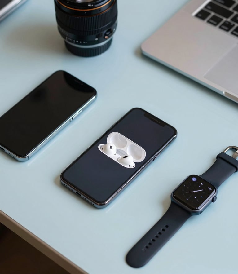 A top-down professional still life of modern electronic devices, including a sleek smartphone, wireless earbuds, and a smartwatch arranged on a clean, light blue surface in a South American modern home office.