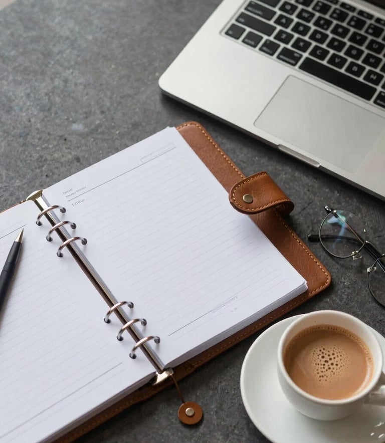 A top-down view of a professional desk in a modern Indian corporate setting, featuring a leather-bound planner, a sleek laptop, and a cup of masala chai.
