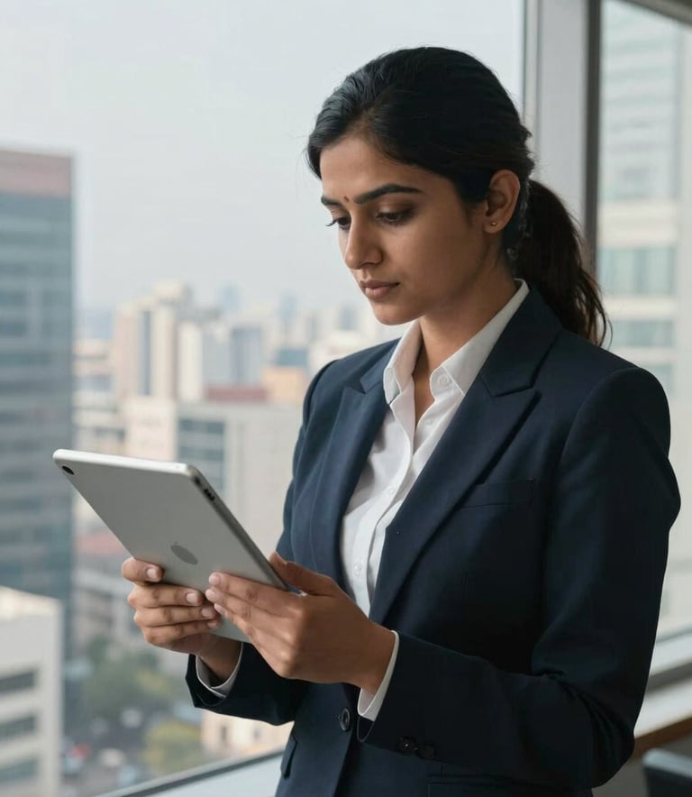 A South Asian professional woman in formal attire working on a digital tablet in a high-rise office building in Gurugram, with a cityscape visible through the window.
