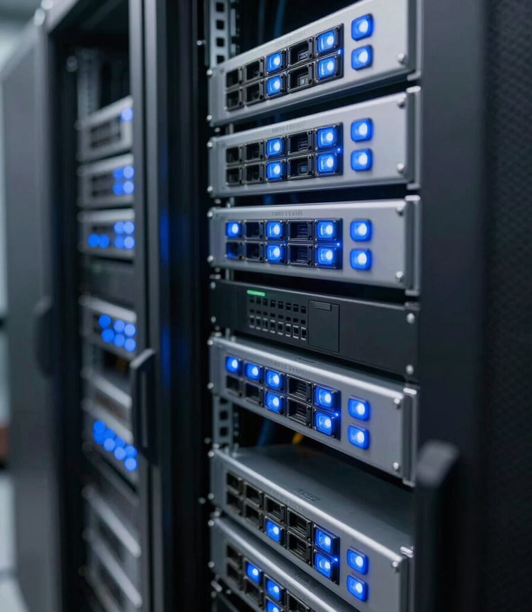 Clean and organized server room with glowing blue LED indicators on high-end networking equipment, shallow depth of field, professional corporate style.