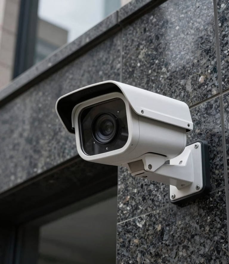 A close-up of a modern high-definition security camera mounted on a sleek dark granite facade of a corporate building in Uruguay, daytime lighting, professional photography.
