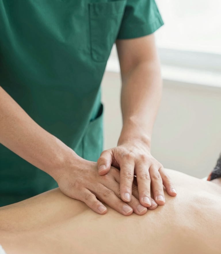 Close-up of professional hands performing a precise manual therapy technique on a patient. Soft, natural lighting highlighting a clean clinical environment with muted green (#4C706F) and off-white (#F5F8F7) tones.