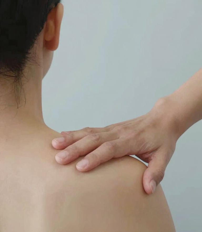 Close-up of a professional physiotherapist's hands performing manual therapy on a patient's shoulder. The lighting is soft and clinical, with a color palette including #A0CAC7 and #F5F8F7, conveying a sense of expert care and relief.