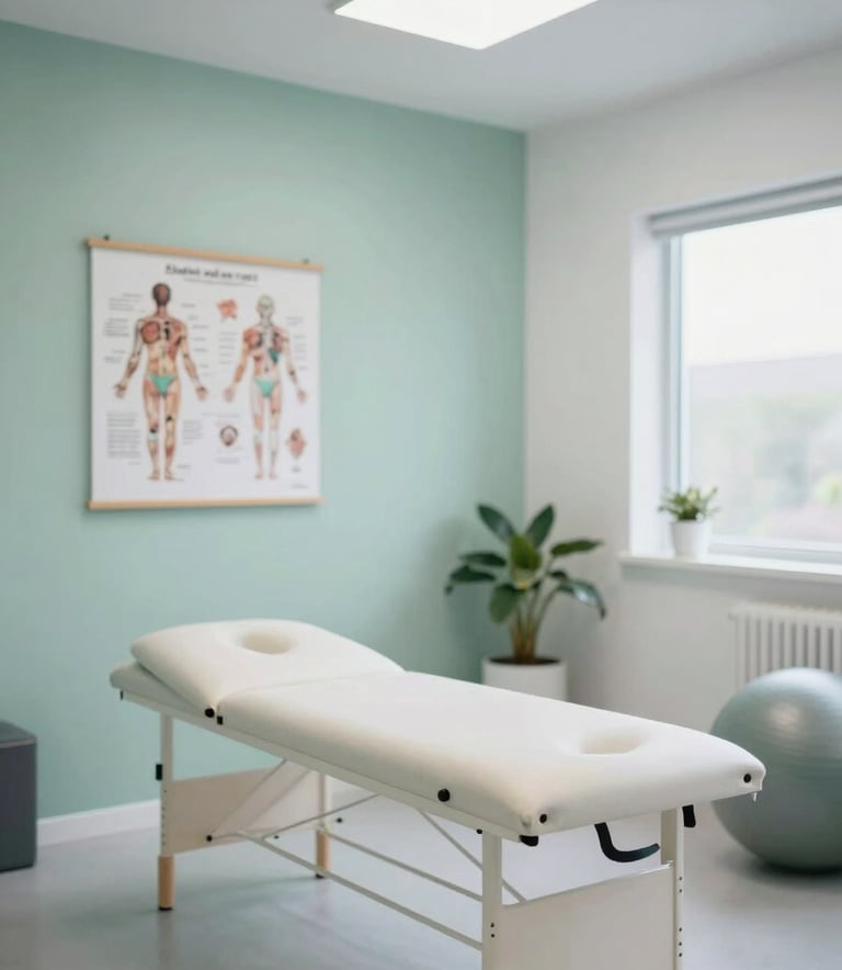 A modern, clean physiotherapy clinic room. It features a professional treatment table, anatomical charts on the wall, and equipment like exercise balls. The room is filled with bright, natural light and features #4C706F and #F5F8F7 tones.