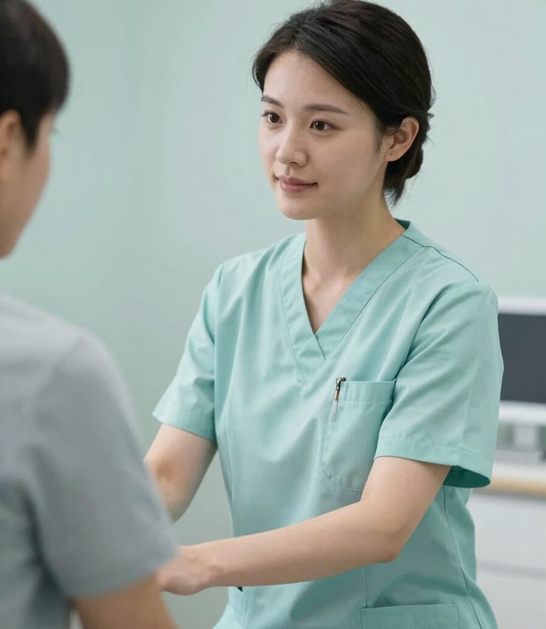 A professional physiotherapist in a clean clinic uniform engaging in a supportive consultation with a patient. The mood is empathetic and trustworthy, using a palette of soft teals and off-whites.