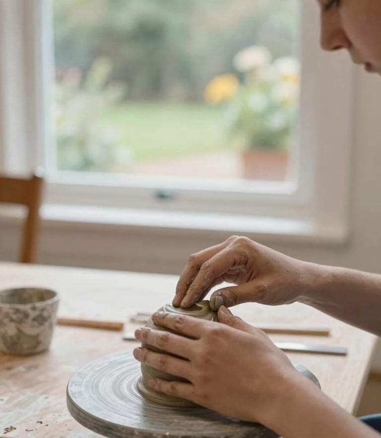 A high-quality photograph of hands gently smoothing a clay sculpture in a bright, tranquil art therapy room. Soft natural light through a large window, with a North American garden visible in the blurred background. Calm, focused atmosphere.