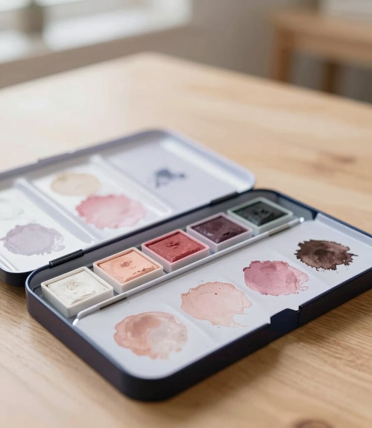 A close-up photograph of a professional watercolor palette with soft pools of pale blush and muted rose paint. Clean wooden table background in an airy, sun-drenched North American studio space. Minimalist and peaceful composition.