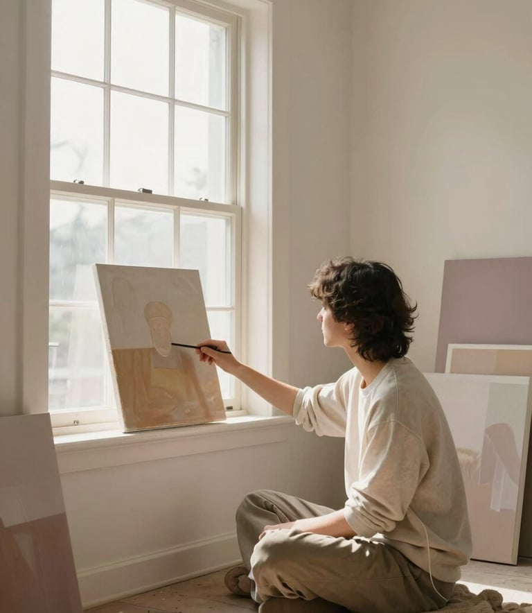 A person sitting peacefully by a large window in a cozy, sunlit North American studio, looking at a finished painting. The room is decorated in soft cream and pale mauve tones, exuding a sense of calm and accomplishment.