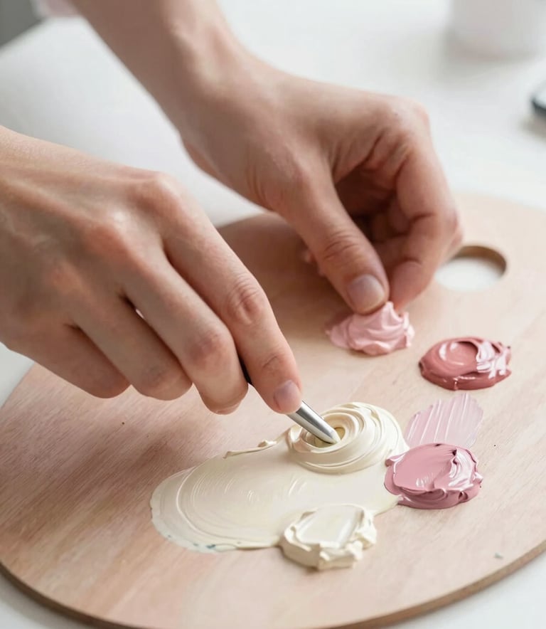 Close-up of hands gently mixing paint on a palette in a bright, empathetic North American clinical setting. The colors are soft cream and muted rose, creating a soothing and creative atmosphere.