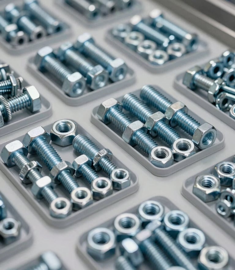 A close-up photograph of assorted metal bolts and nuts neatly sorted in professional industrial packaging, bright clean lighting, Central European / Spanish industrial workshop setting, Steel Blue and Light Gray color palette.