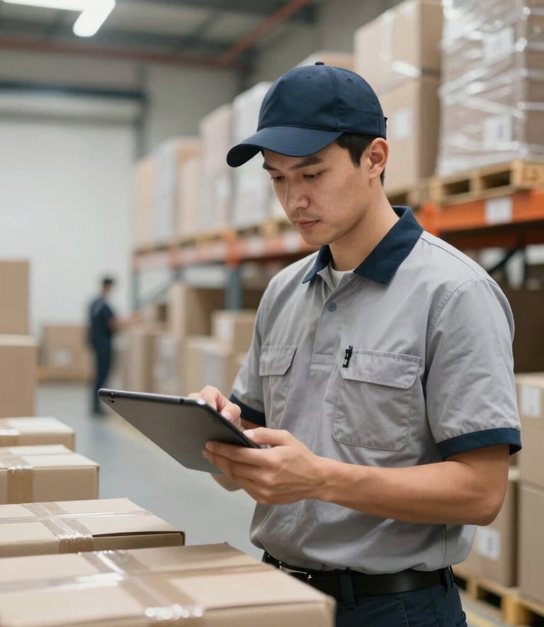 A professional logistics operative in a clean uniform using a tablet to scan packages inside a bright, modern Madrid warehouse. The atmosphere is efficient and corporate, with a color scheme of Light Gray and Dark Navy.