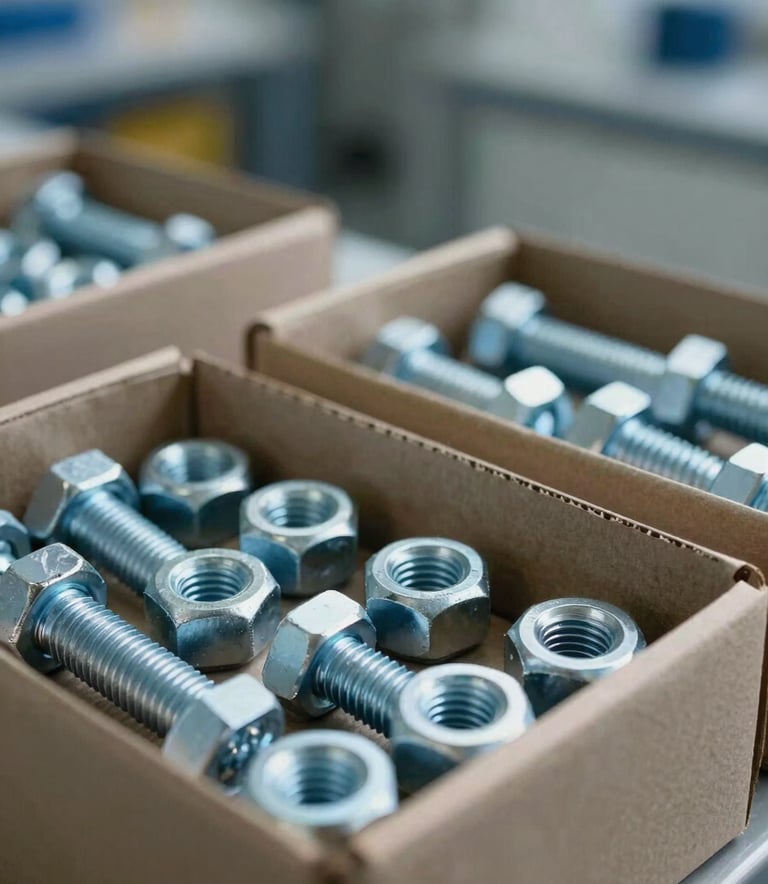 Detailed macro photography of metallic nuts and bolts being precisely packaged into durable cardboard boxes. The scene is a clean, modern industrial facility in Madrid, with soft natural light highlighting the texture of the metal. The palette features Steel Blue and Muted Gray-Blue tones.