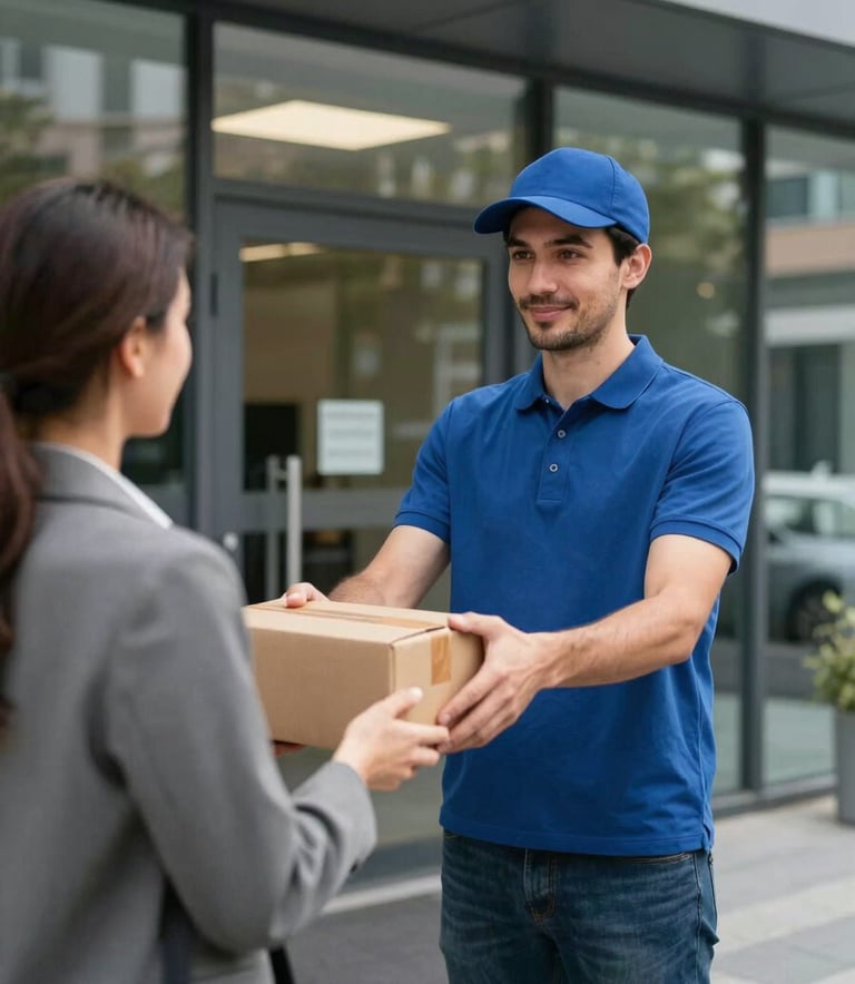 A professional courier hands a package to a business owner at the entrance of a modern office in Madrid, Central European / Spanish setting, daylight, conveying trust and efficiency.