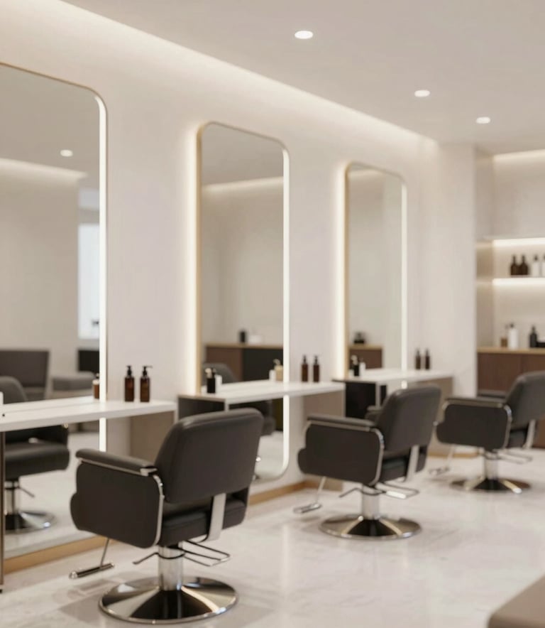 A wide shot of a modern and sophisticated hair salon interior. The lighting is bright and natural, reflecting off clean surfaces. The color palette includes hints of #C1CDD4 and #262A2D in the furniture and decor. The atmosphere is professional and inviting.