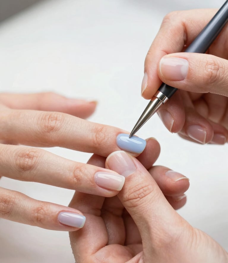 A close-up, high-detail shot of a professional manicure being performed. The nails are being shaped with precision. The aesthetic is clean and high-end, incorporating the soft tones of #C1CDD4 and professional studio lighting.