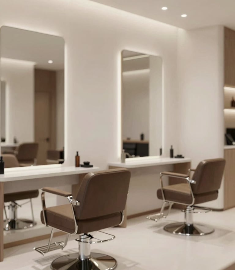 Modern and sophisticated interior of the Alan Ribeiro Silva salon. Sleek mirrors, professional hairdressing chairs in #262A2D, and soft atmospheric lighting. The design is clean and intuitive, reflecting excellence and modern luxury.