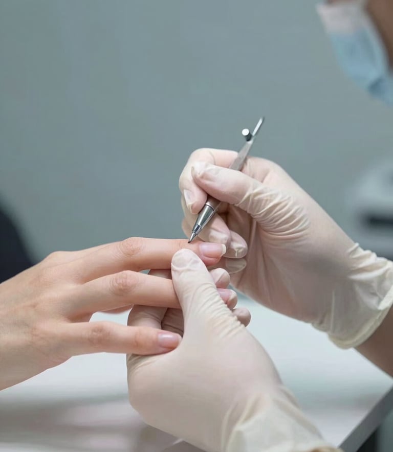 Close-up of a professional manicure being performed in a high-end salon. The focus is on precision and care. The background features soft #6B7A8F blue tones and clean #F2F4F7 surfaces. Elegant lighting highlights the sophistication of the service.