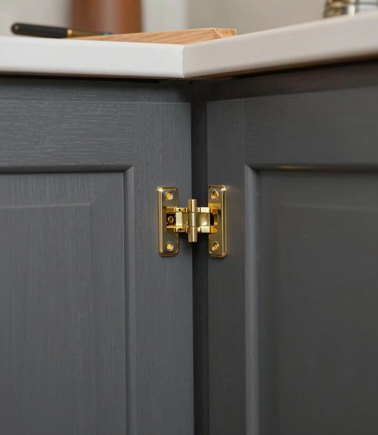 A close-up photograph of master woodworkers installing custom charcoal gray cabinetry with gold hinges in a North American / US - Los Angeles residence.