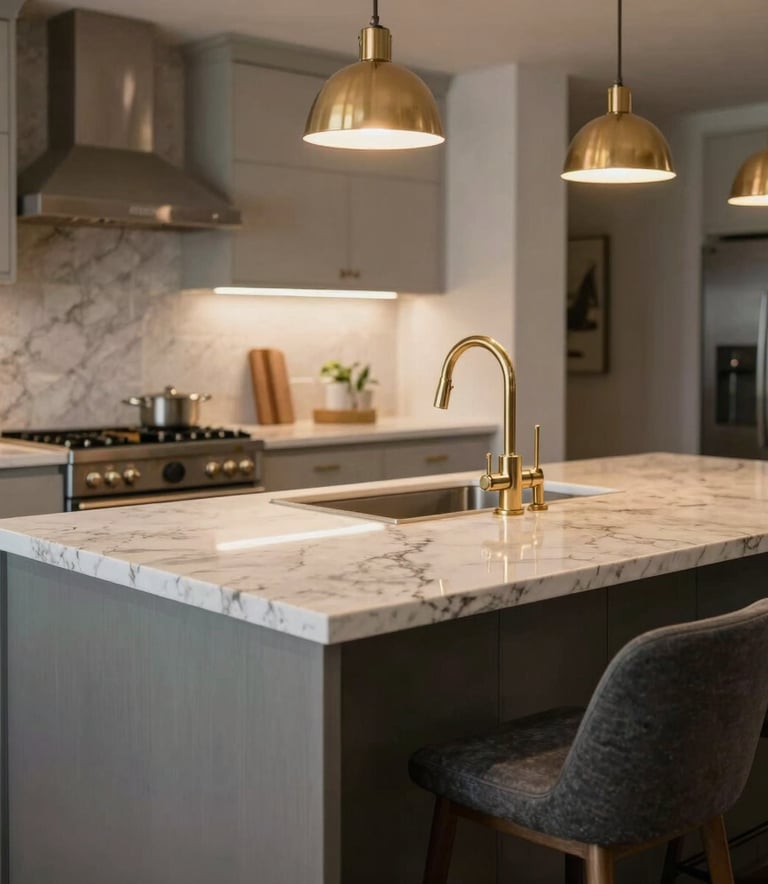 A high-end kitchen island with a sleek quartz countertop in a North American / US - Los Angeles home, featuring gold-toned faucet and charcoal gray stools under warm pendant lighting.
