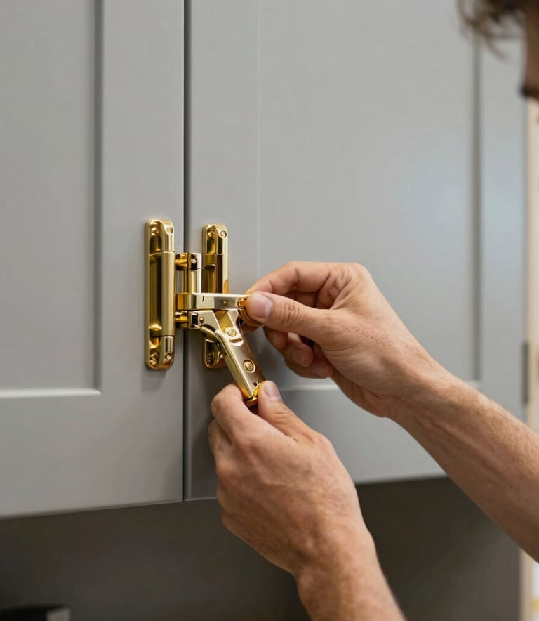 Detailed close-up of a craftsman's hands installing a high-end custom cabinet door with rich gold hinges. Modern workshop setting in North American / US - Los Angeles, focused lighting, premium feel with muted gray backgrounds.