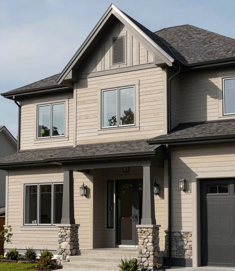 Exterior view of a luxury residential property in the Laurentides during a bright day. The house features high-end siding with a professional finish in shades of sand and gray. The architecture is typical of modern North American luxury homes.