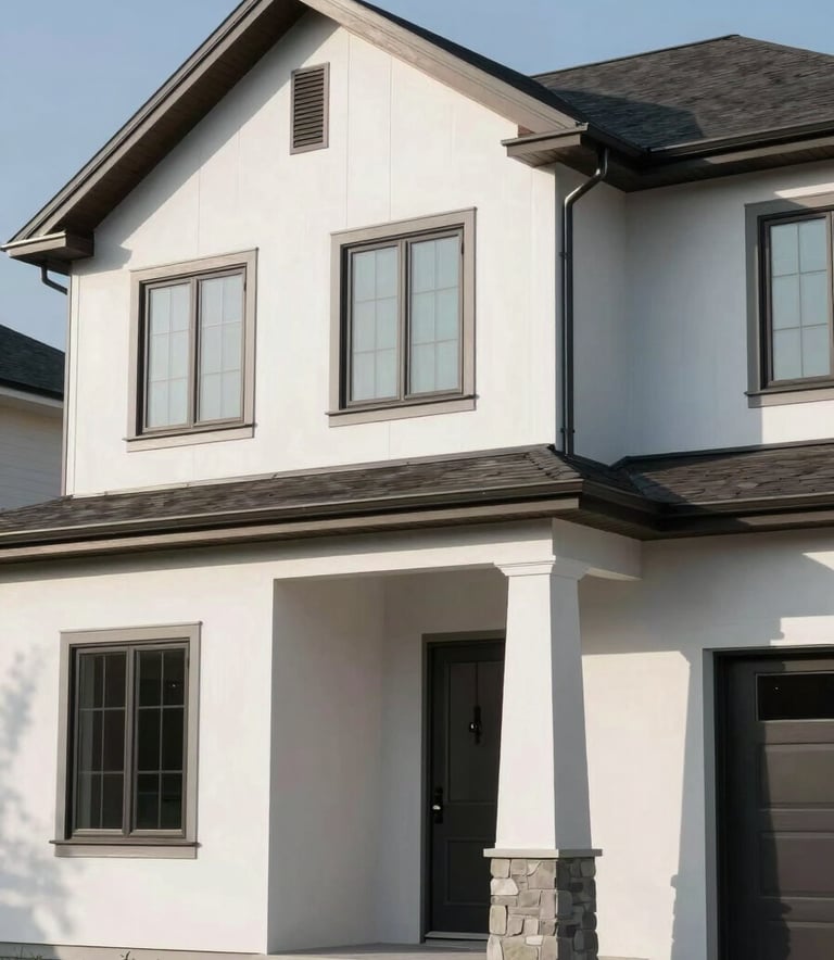 A wide photography shot of a modern residential home in the Laurentides, Quebec, featuring clean white and soft gray exterior walls with elegant dark brown trim. The lighting is bright morning sun, highlighting the smooth texture of a professional paint job. North American / Quebecois French setting.