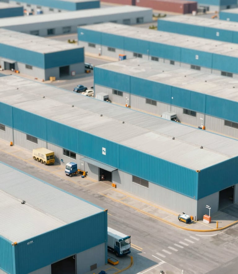 A high-angle shot of a clean, modern commercial port or warehouse distribution center during the daytime. The scene is bright and organized, incorporating colors like #3E6C8C and #CCD6E0 in the containers and architectural details. The mood is efficient, professional, and reliable.