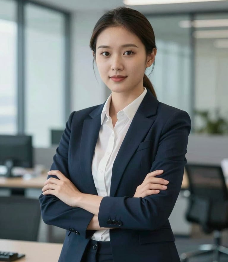 A professional portrait of a business person in a modern office setting, looking confident and reliable. The lighting is soft and natural. The background includes subtle office glass and steel elements in #CCD6E0 and #1A2F3D. The style is crisp and corporate.