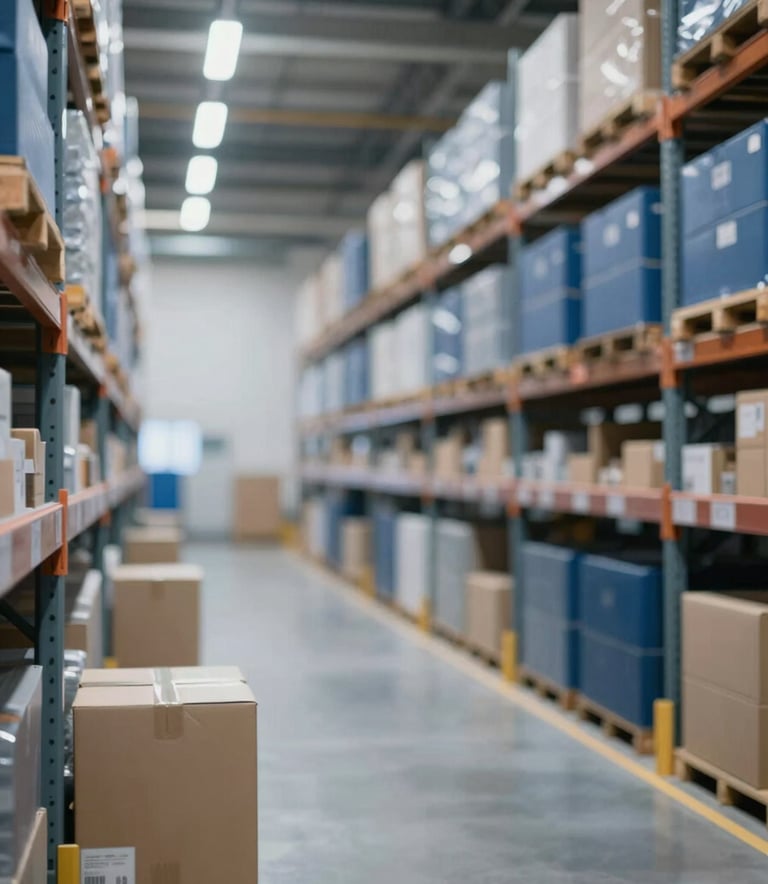 A high-end, modern logistics center and warehouse interior, symbolizing the flow of commerce. Clean, organized environment with lighting that highlights metallic surfaces and deep blues (#1A2F3D) and soft greys (#CCD6E0). Professional photography style.