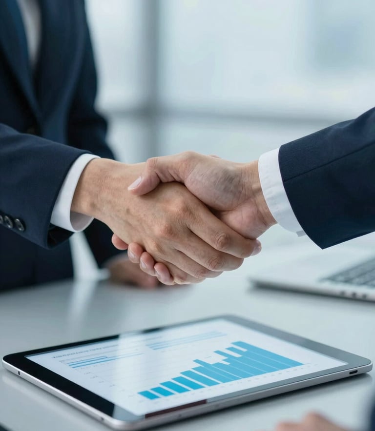 A close-up of two business professionals shaking hands over a sleek table with a tablet showing financial growth charts. High contrast lighting, professional corporate atmosphere, incorporating #3E6C8C and #CCD6E0.