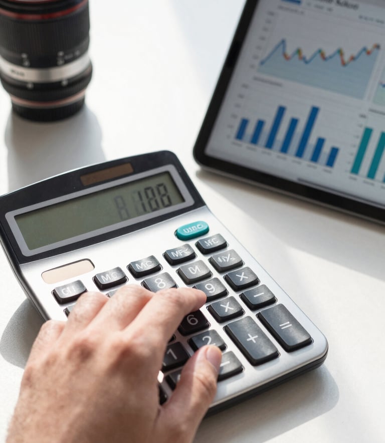 A close-up, sharp-focus shot of a hand using a professional calculator next to a tablet displaying financial growth charts. The setting is a bright, sunlit modern office in the US.