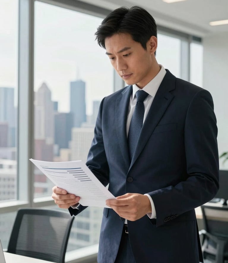 A professional Asian businessman in a navy suit reviewing corporate documents in a modern city office.