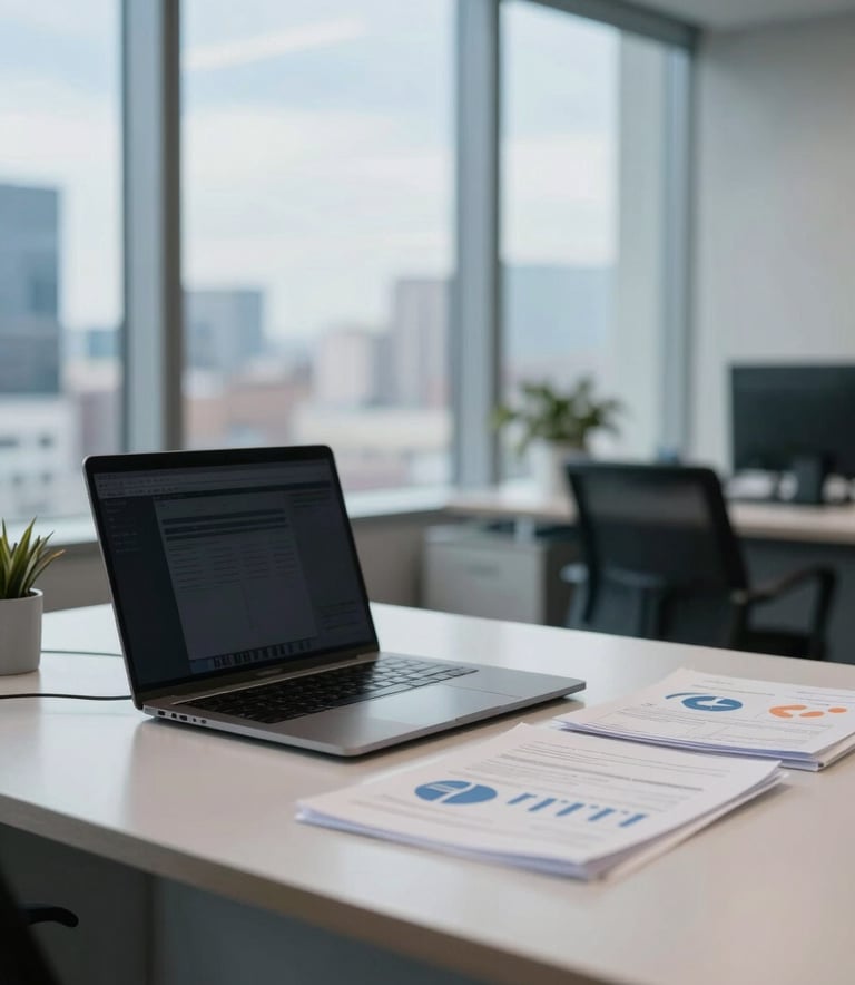 A modern, brightly lit North American corporate office interior. Focus on a sleek desk with a laptop and organized financial documents. Professional atmosphere with soft sky blue accents and a blurred city view through the window.