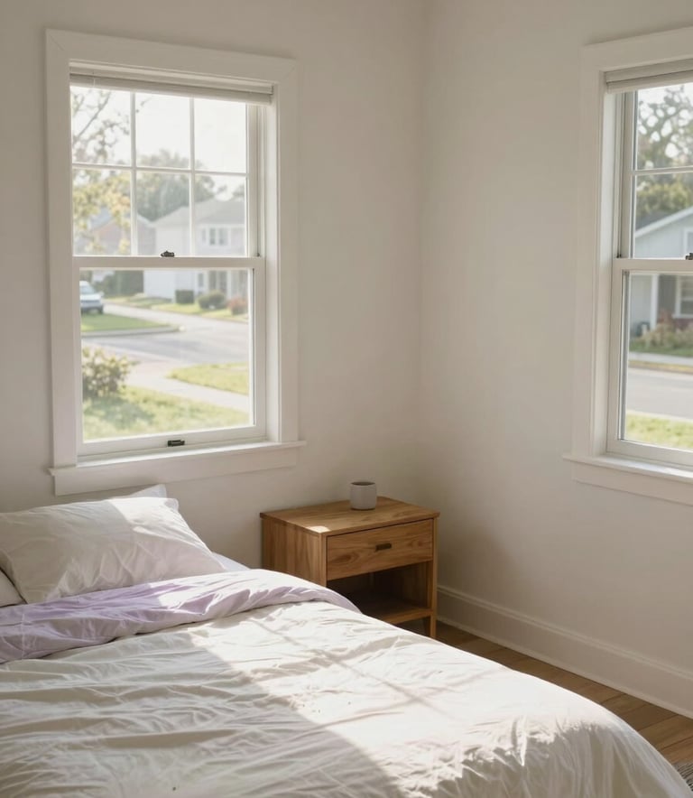 A high-angle, clean photography shot of a minimalist, sun-drenched private bedroom in a North American shared house. The room features a simple bed with off-white and light purple linens, a wooden nightstand, and a large window looking out onto a serene green suburban street. The lighting is soft and morning-fresh, emphasizing a calm and secure environment.